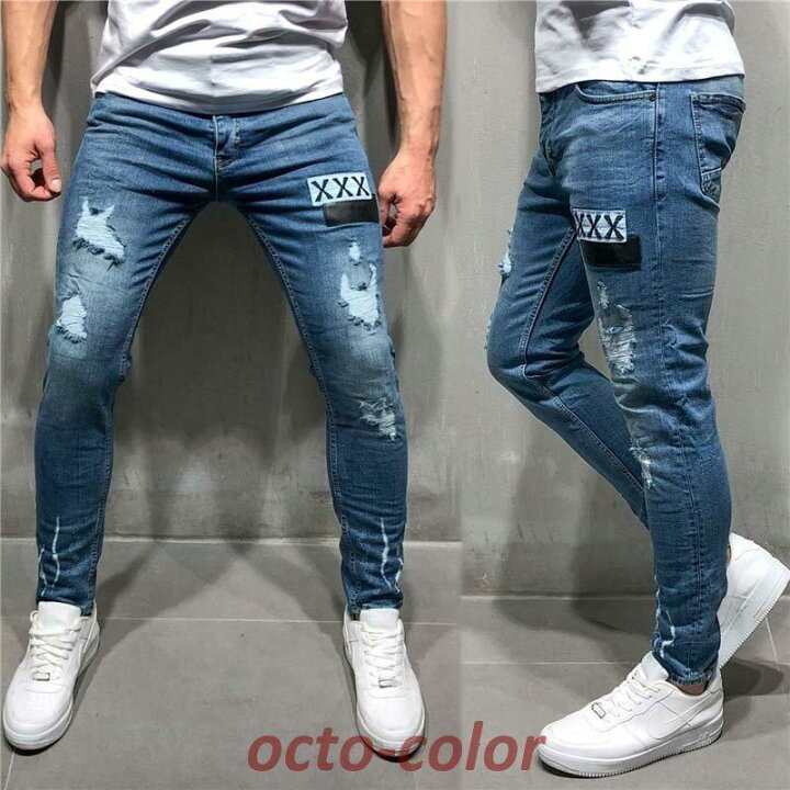 楽天市場】ダメージ デニムデニムパンツ おしゃれデニム パンツ メンズ パッチワーク ダメージデニム スキニーパンツ