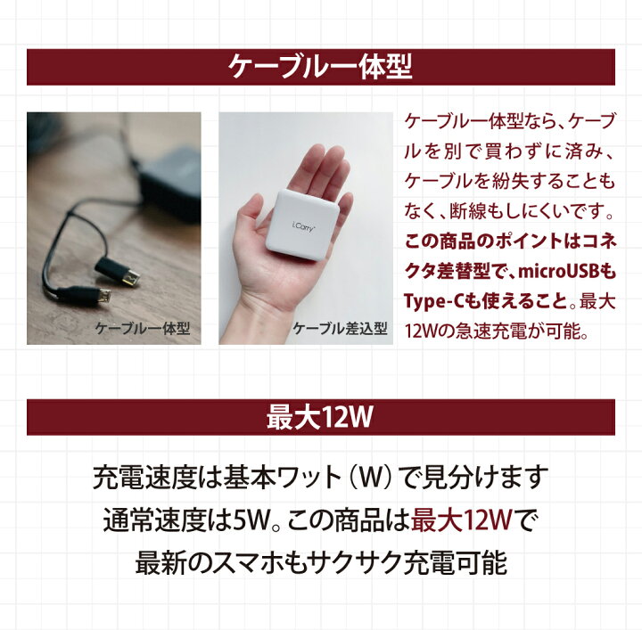 楽天市場】iCarry スリム USB コンセント 2WAY スマホ充電器 【Type-C + microUSB どちらも使える 12W 急速充電】 ACアダプター 【ケーブル一体型】5V2.4A 充電器 アンドロイド スマートIC タブレット 【180日保証】 2021年発売 AC12BC : アクセサリーのジャパエモ 楽天市場】iCarry スリム USB コンセント 2WAY スマホ充電器 【Type-C + microUSB どちらも使える 12W 急速充電】 ACアダプター 【ケーブル一体型】5V2.4A 充電器 アンドロイド スマートIC タブレット 【180日保証】 2021年発売 AC12BC : アクセサリーのジャパエモ