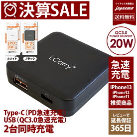 iPhone アンドロイドスマホ PD 20W 充電器 ACアダプター i.Carry スリム USB コンセント【 20W 2ポート PD+QC3.0 急速充電 iPhone15 14 13 12 Google Pixel Galaxy Z Flip Fold スマホ充電器 パワーデリバリー【Type-C+USB 差込型】アンドロイド スマートIC 【180日保証】