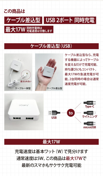 楽天市場】iCarry スリム USB コンセント 5V3.4A スマホ2台充電器 【USB × 2ポート 17W 急速充電】 ACアダプター 【USB +USB ケーブル差込型】 アンドロイド スマートIC タブレット Switch アイコス 【180日保証】 2021年発売 DMメール便 AC17UU : アクセサリーのジャパエモ 楽天市場】iCarry スリム USB コンセント 5V3.4A スマホ2台充電器 【USB × 2ポート 17W 急速充電】 ACアダプター 【USB +USB ケーブル差込型】 アンドロイド スマートIC タブレット Switch アイコス 【180日保証】 2021年発売 DMメール便 AC17UU : アクセサリーのジャパエモ