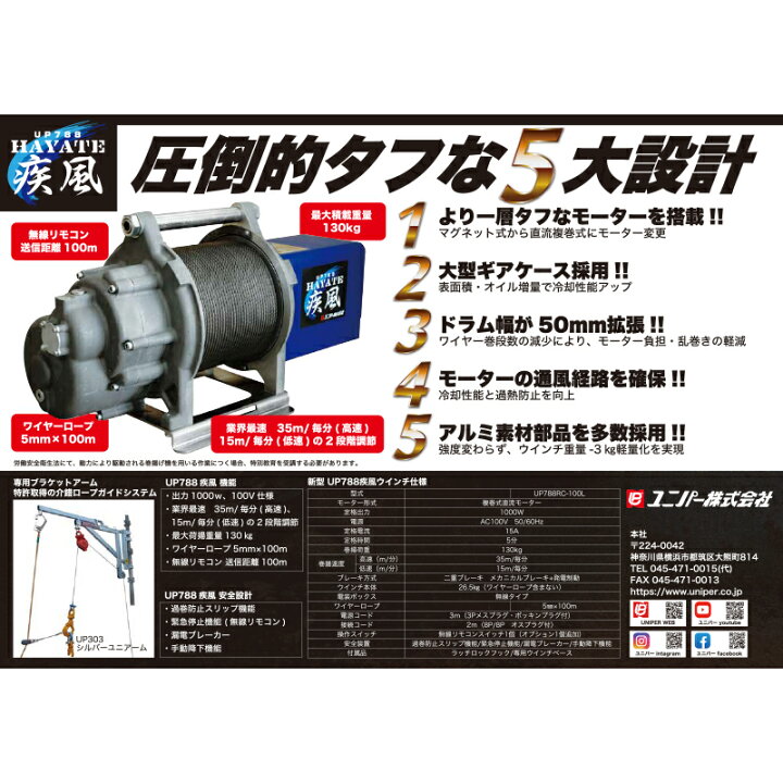 楽天市場】ハイスピード荷揚げウインチ 疾風 UP788RC 100mワイヤー 