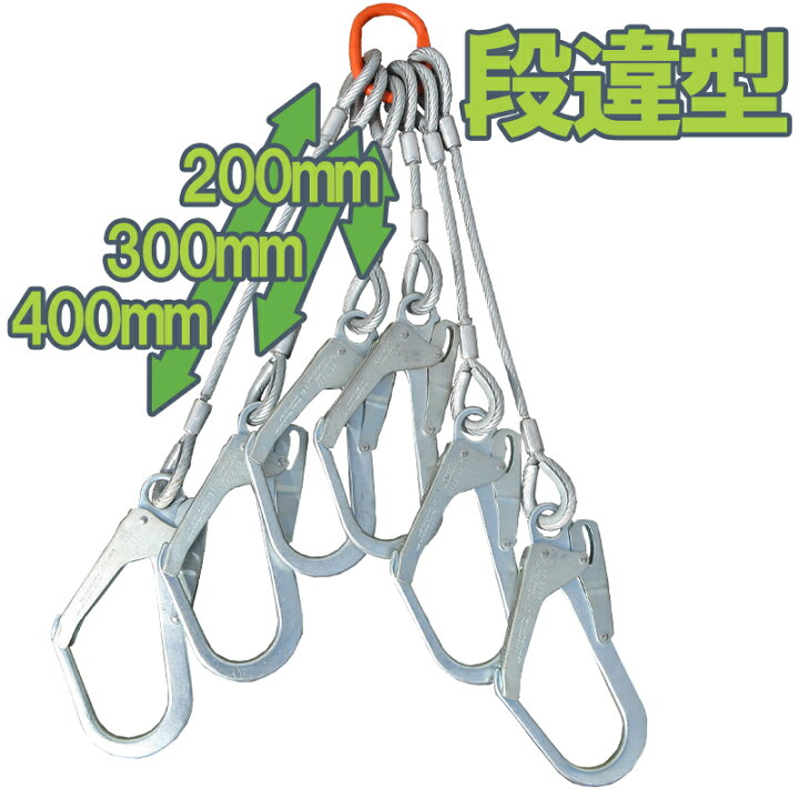 4本吊 片側リング付きワイヤスリング 基本使用荷重5t用 有効リーチ2m【