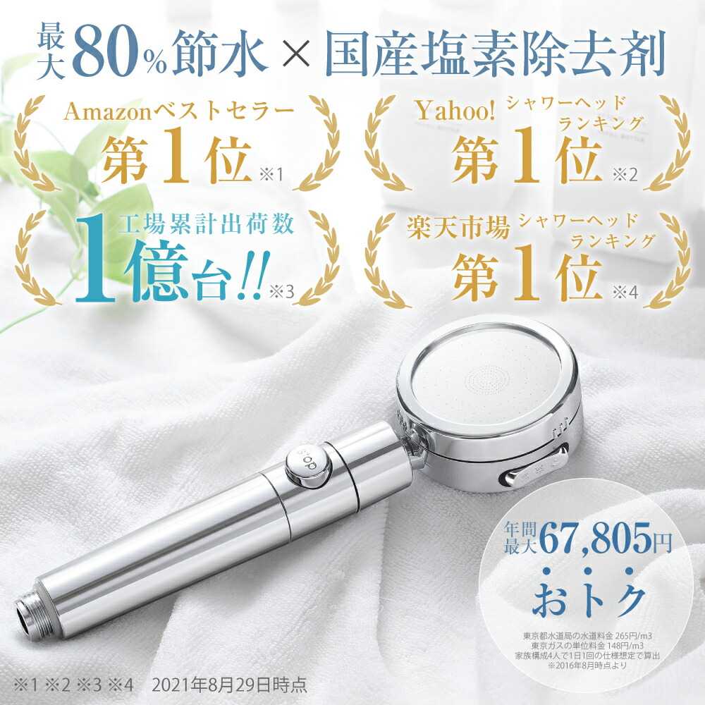 シャワーヘッド 日本製塩素除去剤 節水 浄水 止水ボタン シルバー