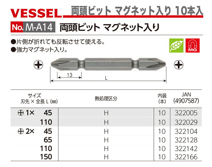 楽天市場】【オススメ】〈ベッセル〉両頭ビット マグネット入り 10本入 