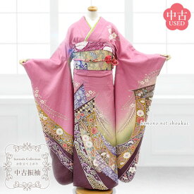 【送料無料】【中古】振袖 正絹　ランクA　ピンク 紅梅色 辻が花 御簾　お仕立て上がり 単品 成人式 古典 結婚式 卒業式 中古着物 送料無料 即日発送【沖縄配送不可】