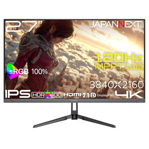 JAPANNEXT 27�C���` IPS�p�l������ 120Hz/1ms(MPRT)�Ή� 4K(3840x2160)�𑜓x �Q�[�~���O���j�^�[ JN-i27G120U2 HDMI2.1 DP sRGB:100% HDR400���� PS5 4K:�ڑ� VRR