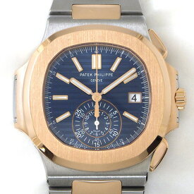 【最大3万円OFFクーポン配布中】 パテック・フィリップ Patek Philippe 腕時計 ノーチラス 5980/1AR-001 生産終了モデル デイト クロノグラフ 裏スケ ストライプ ブルー文字盤 K18PG SS 自動巻き 【箱・保付き】 【中古】