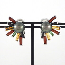 タサキ 田崎真珠 TASAKI イヤリング ファウンテン 黒蝶 ブラックパール 10.0mm珠 バゲットカット グリーントルマリン ブラックスピネル ガーネット シトリン K18WG 【中古】