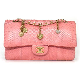 シャネル CHANEL ショルダーバッグ ハンドバッグ 2015年製 バレンタイン限定 シングルフラップ ピンク パイソン ゴールド金具 【中古】