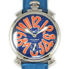 【最大3万円OFFクーポン配布中】 ガガミラノ GaGa MILANO 腕時計 マヌアーレ 48 5010.08S スモールセコンド 裏スケ 夜光インデックス 夜光針 オレンジインデックス ブルー文字盤 SS ブルー レザーベルト 手巻き 【中古】