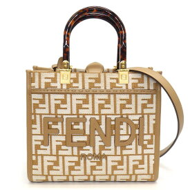 フェンディ FENDI トート/ショルダーバッグ サンシャイン スモール 8BH394 ベージュ/ホワイト FF ラフィア コットン レザー 【中古】
