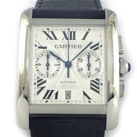 カルティエ Cartier 腕時計 タンクMC W5330007 レクタンギュラー シルバーギョーシェ文字盤 デイト クロノグラフ スモールセコンド ブラック アリゲーターレザーベルト SS 自動巻き 【箱・保付き】 【中古】