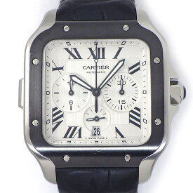 カルティエ Cartier 腕時計 サントス XL WSSA0017 デイト クロノグラフ スモールセコンド 夜光インデックス 夜光針 スクエア シルバー文字盤 SS ブラック アリゲーターレザーベルト 自動巻き 【中古】