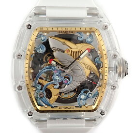 【レビュー1000件記念★対象品3％OFF】 ハオファ HAOFA 腕時計 B0CP2CWQTB 裏スケ 夜光インデックス 夜光針 ゴールド サメモチーフ トノー スケルトン文字盤 SS 水晶ガラス ホワイトラバーベルト 自動巻き