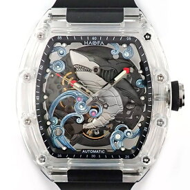 【レビュー1000件記念★対象品3％OFF】 ハオファ HAOFA 腕時計 B0CP2CWQTB 裏スケ 夜光インデックス 夜光針 ブラック サメモチーフ トノー スケルトン文字盤 SS 水晶ガラス ブラックラバーベルト 自動巻き