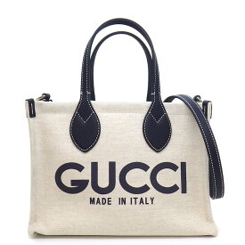 グッチ GUCCI ハンドバッグ GUCCIプリント スモール トートバッグ 772144 ベージュ コットンリネンキャンバス ネイビー レザー 【中古】