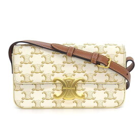 セリーヌ CELINE ショルダーバッグ クロード 194142CUZ ホワイト トリオンフキャンバス カーフスキン ゴールド金具 【中古】