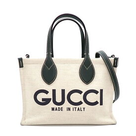 グッチ GUCCI ハンドバッグ GUCCIプリント スモール トートバッグ 772144 ベージュ コットンリネンキャンバス ダークグリーン レザー 【中古】