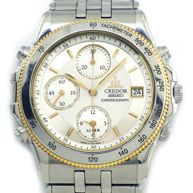 【最大1万円OFF★スプリングセール】 セイコー SEIKO 腕時計 クレドール パシフィーク 7T72-6A00 ホワイト文字盤 デイト クロノグラフ スモールセコンド ワンタイムアラーム タキメーター K18YG SS クオーツアナログ 【中古】