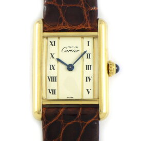 【最大1万円OFF★スプリングセール】 カルティエ Cartier 腕時計 マストタンクSM W1003053 レクタンギュラー アイボリー文字盤 ローマンインデックス ブラウン アリゲーターレザーベルト GP SV925 クオーツアナログ