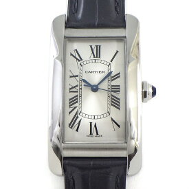 カルティエ Cartier 腕時計 タンク アメリカン MM WSTA0017 レクタンギュラー サンレイ シルバー文字盤 SS ブラック アリゲーターレザーベルト 自動巻き 【中古】