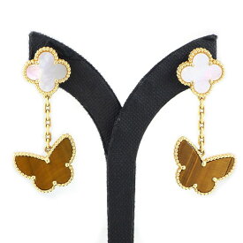 【15日限定★最大3万円OFF＆P3倍★】 ヴァンクリーフ＆アーペル Van Cleef & Arpels ピアス ラッキーアルハンブラ 2モチーフ VCARD79800 クローバー パピヨン タイガーアイ ホワイト シェル K18YG 【箱・保付き】 【中古】