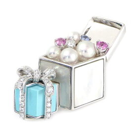 ミキモト MIKIMOTO ブローチ プレゼントボックスモチーフ PT950 / PT950 パール ホワイトシェル ターコイズ ダイヤモンド 0.35ct サファイア合計 0.33ct 【中古】