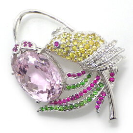 【クンツァイト マルチカラーストーン ダイヤモンド】 ブローチ 鳥モチーフ K18WG クンツァイト 16.20ct マルチカラーストーン 1.45ct ダイヤモンド 0.17ct 【中古】