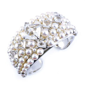 【★最終お値引き品】 タサキ 田崎真珠 TASAKI バングル カフ ピラミッド クリスタル クォーツ アコヤ真珠 約 2.5 - 6.5mm珠 K18WG 【箱・保付き】 【中古】