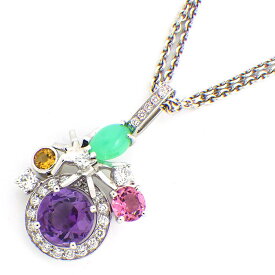 ショーメ Chaumet ネックレス アトラップモア スパイダー 蜘蛛 ダブル チェーン カボションカット クリソプレーズ アメジスト ダイヤモンド ピンクトルマリン シトリン K18WG 【中古】