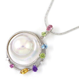 タサキ 田崎真珠 TASAKI ネックレス サークル モチーフ マベパール 20mm珠 オーバルカット マーキスカット ラウンドカット マルチカラー ストーン 2ポイント ダイヤモンド 0.05ct K18WG 【中古】