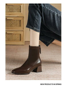 ブーツ レディース ショートブーツ 太ヒール 歩きやすい 撥水 女性 秋 冬用 軽量 美脚 スクエアトゥ ステッチデザイン ストレッチ 柔らかい バックジップ 黒 白 茶 ブラウン