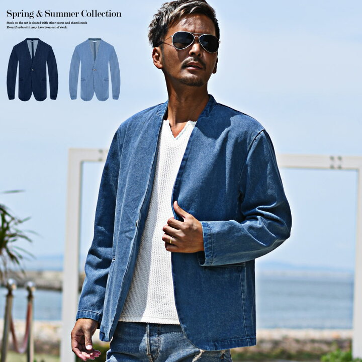 楽天市場】ジャケット メンズ デニムジャケット ノーカラー ちょいワル  