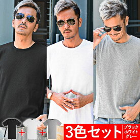 半袖 tシャツ メンズ クルーネック M L LL ストリート おしゃれ 無地 ストレッチ ワッフル きれいめ カジュアル 白 黒 グレー【3枚セット】【chset】