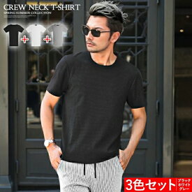 半袖 tシャツ メンズ クルーネック M L LL ストリート おしゃれ 無地 ストレッチ ワッフル きれいめ カジュアル 白 黒 グレー【3枚セット】【chset】