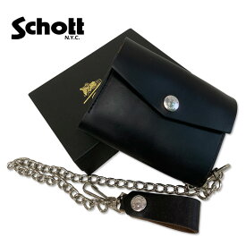 Schott ショット　レザーウォレット ショートウォレット　二つ折財布　ブラック　ウォレットチェーン　3119036(schott ショット ライダースジャケット レザージャケット 革ジャン 長財布 メンズ 財布 サイフ ウォレット レザーウォレット)