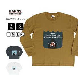BARNS バーンズ メンズ トップス 長袖 Tシャツ ロンT HOT SHOT SAVE THE RED LIST 鮫 サメ イラスト 映画ネタ ポップ ビンテージ風 クルーネック BR-25422