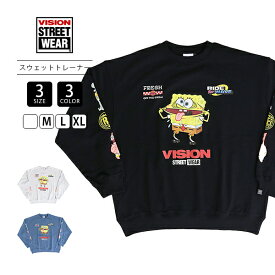 VISION STREET WEAR ビジョン Sponge Bob スポンジボブ ユニセックス クルーネック 長袖 裏毛 スウェット キャラクター プリントスウェット 6305037