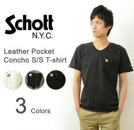 Schott（ショット） レザー ポケット コンチョ Tシャツ メンズ 半袖 ポケT Tシャツ Vネック カットソー 厚手 丈夫 本革 鹿革 ディアスキン リベット スタッズ カットオフ 切り替え 無地 アメカジ ストリート ネイティブ ブラック 黒 ホワイト 白 グレー 【3173011】