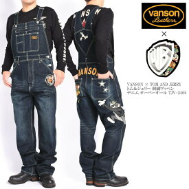 バンソン VANSON × TOM AND JERRY トムとジェリー コラボ オーバーオール トム＆ジェリー 刺繍ワッペン デニム オーバーオール TJV-2408-INDIGO【2024春新作】