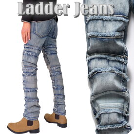 クラッシュ スキニー ジーンズ メンズ ダメージ ウォッシュ ブルー 段状 ラダー 膝 リペア補修 ライトブルー 色落ち かこいい ジーンズ スキニー デニム パンツ スリムパンツ ズボン タイト パンク ロック ファッション ストリート モード系