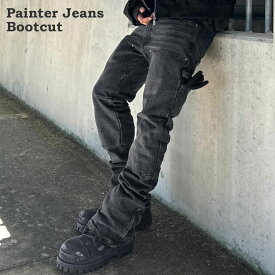 ペインター ジーンズ ペインターパンツ カーペンター パンツ ブラック 黒 ブーツカット デニム ウォッシュ加工 アメリカン クラシック ワーク系 アメカジ ロカビリー ストレート レトロスタイル ストリート メンズ ジーンズ
