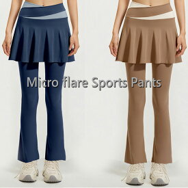 テニス パンツ スカート付き ヨガウエア スポーツウエア 一体型 ジャージ フレア フィットネス ストレッチ トレーニング ウォーキング 涼しい テニス バトミントン ダンス 短め ブーツカット フレア 2カラー ジャージ ブルー ブラウン トラック パンツ スポーツジム 夏