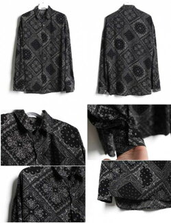 バンダナ柄シャツ長袖オヴァーサイズメンズロカビリーレトロシャツ長袖カットシャツストリートロックストリートファッションシャツWADモードモッズボーリングシャツボウリングシャツショールカラーバンダナ柄ペイズリー柄