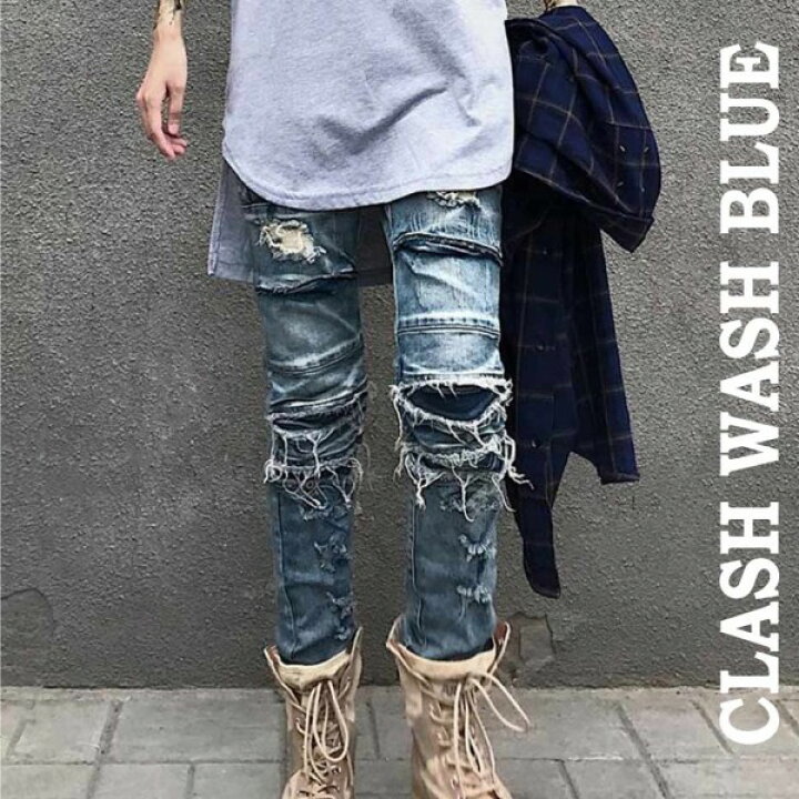 楽天市場 クラッシュ ジーンズ ダメージ スキニー ウォッシュ ブルー メンズ スキニーパンツ スリムパンツ ストリート モード系 ボトムス スキニージーンズ バイカーパンツ ジーパン 人気 V系 デニム ロックファッション ズボン おしゃれ 色落ち 春コーデ ストリート