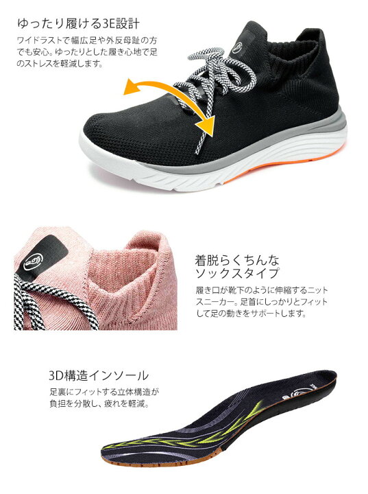 楽天市場 軽量 ウォーキングシューズ レディース 3e 幅広 スニーカー レディース 黒 痛くない 疲れにくい 履きやすい 歩きやすい 蒸れにくい 通気性 ニットスニーカー ソックスシューズ ロコモ予防 コンフォートシューズ 母の日 靴 大きいサイズ ピンク ネイビー 3003