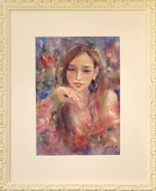 絵画　原画　「La Flore」　水彩/パステル　F4　額付き　美人画　お部屋に飾る絵　Yumi Kohnoura　神之浦由美　花の妖精　人物画　フローラ　バラ　【現品限り】