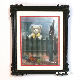 絵画　「waiting bear」　水彩/パステル　原画　静物画　お部屋に飾る絵　アンティークブラック　フレーム　ヨーロピアンインテリア　額縁　Yumi Kohnoura　神之浦由美　壁掛け・卓上両用　ドイツ　テディベア　クマ【現品限り】