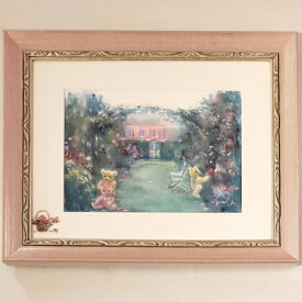 絵画　「クマ達のル・ジャルダン・スクレ」　水彩/パステル　原画　静物画　風景画　お部屋に飾る絵　絵　アンティーク　ピンク×シルバー　フレーム　ヨーロピアンインテリア　額縁　Yumi Kohnoura　神之浦由美　フランス　ガーデン　庭　テディベア　【現品限り】