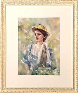 絵画 原画 「Tailwind」 水彩/パステル F4 アンティークグリーン×ゴールド 額付き お部屋に飾る絵 Yumi Kohnoura 神之浦由美 人物画 【現品限り】